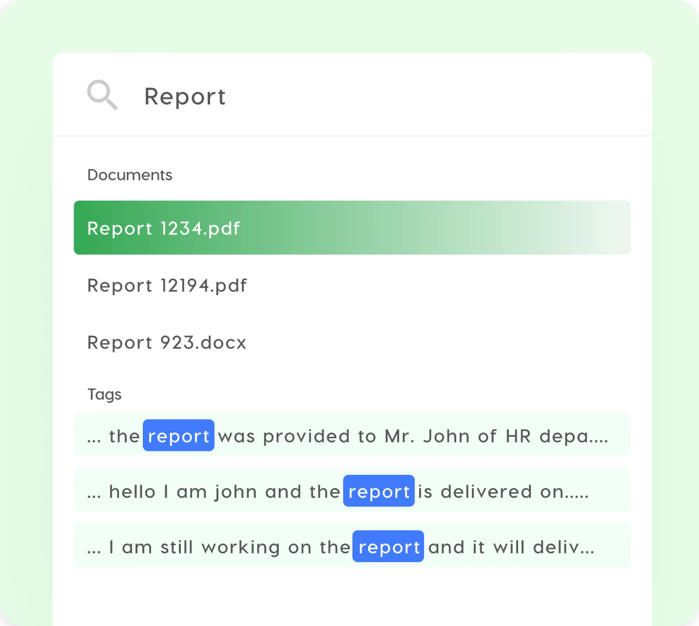 Deep search interface showing matching documents and tag-level highlights for the keyword 'report' across multiple file formats.