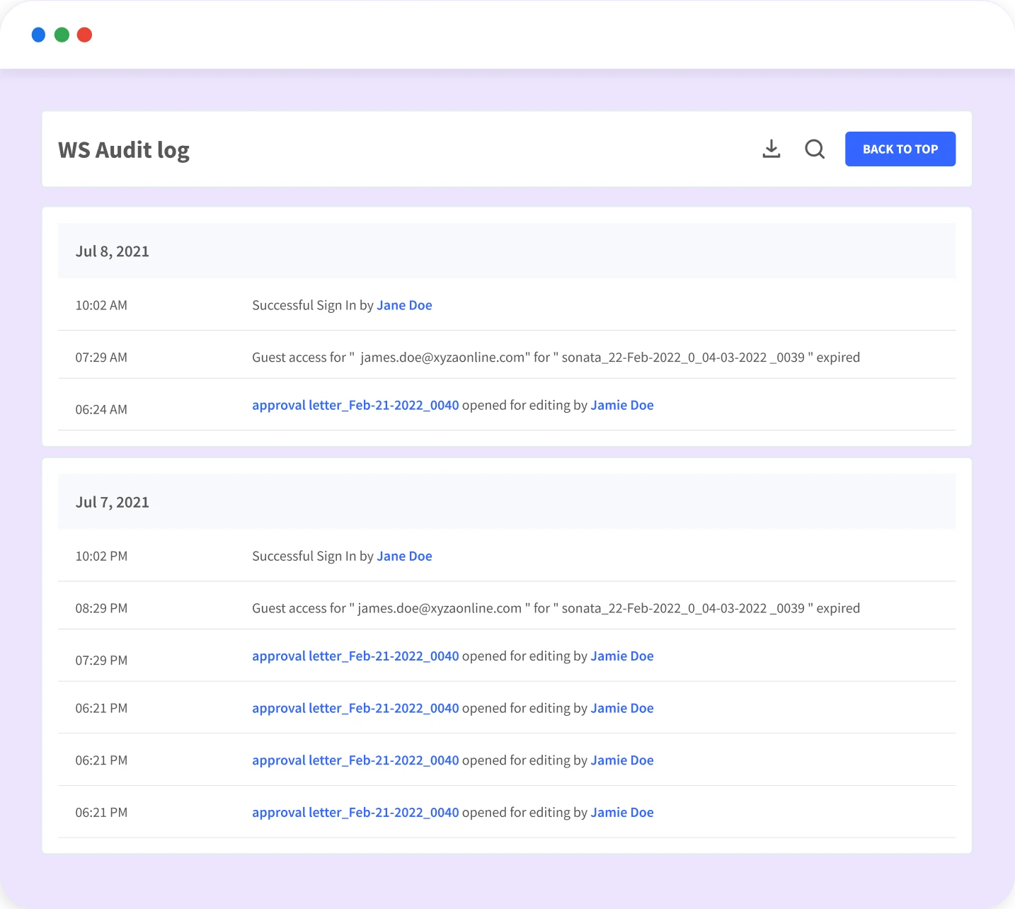 Workspace audit log in dox2U showing timestamped user activity like sign-ins, document edits, and guest access for compliance tracking.
