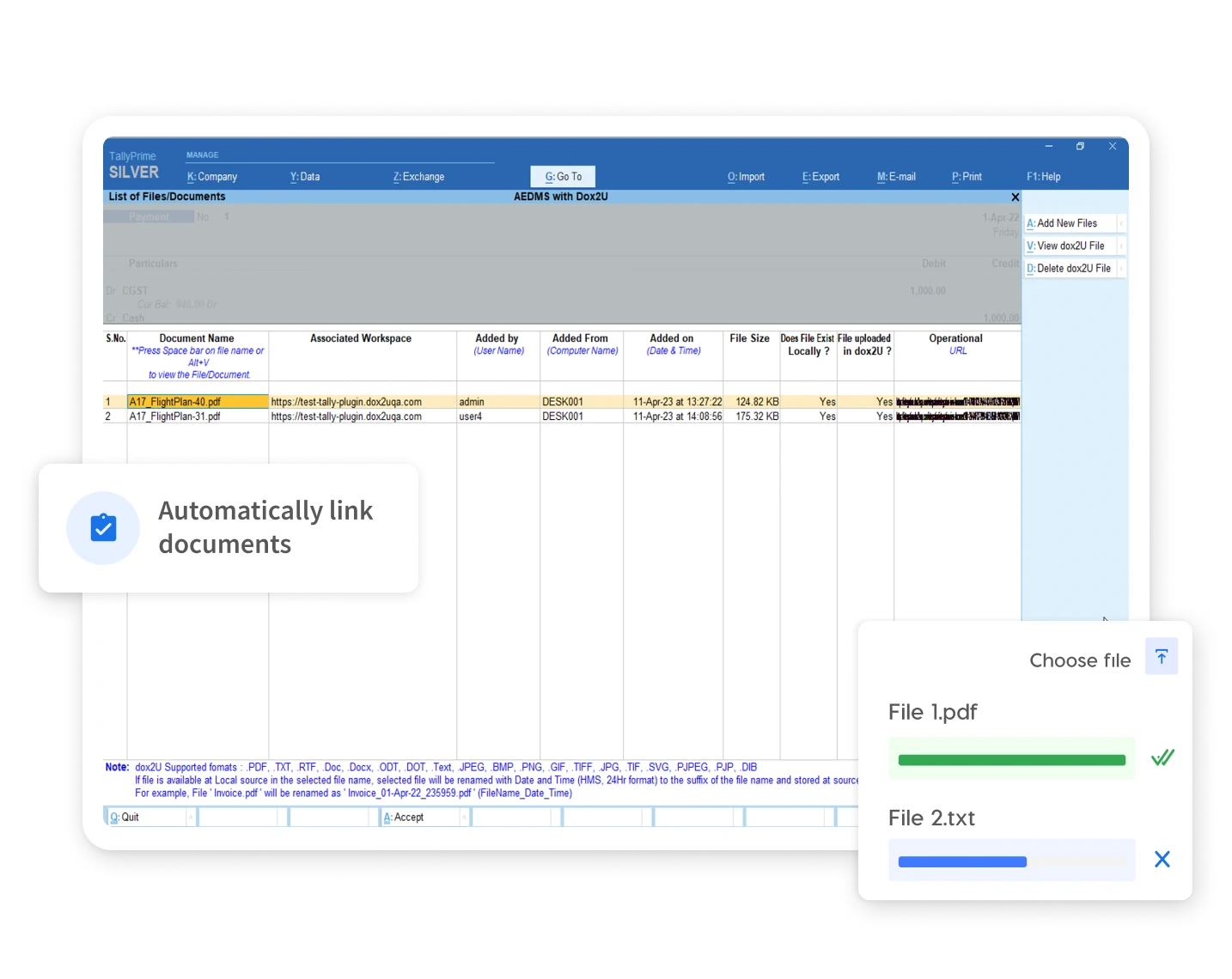 TallyPrime screen with dox2U plugin showing document linking and upload status, highlighting automated document management