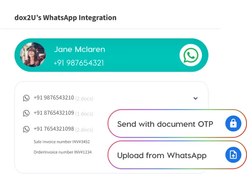 WhatsApp-based document upload interface with contact list and secure options to send with OTP or upload directly to dox2U