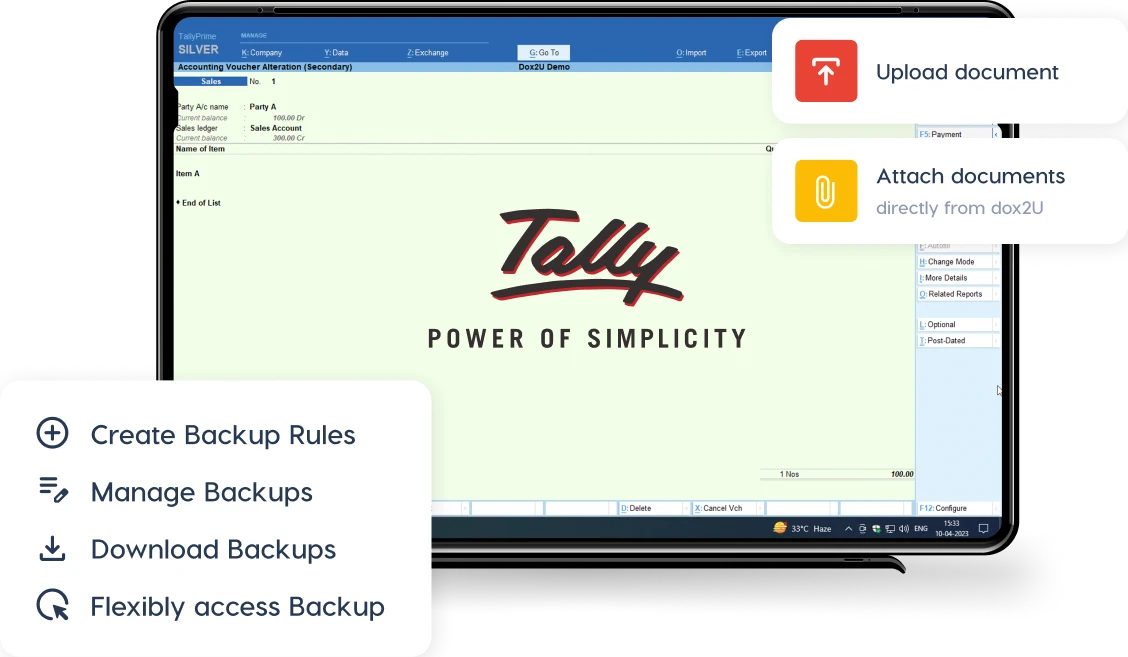 TallyPrime interface with dox2U plugin features for uploading, attaching, and backing up documents